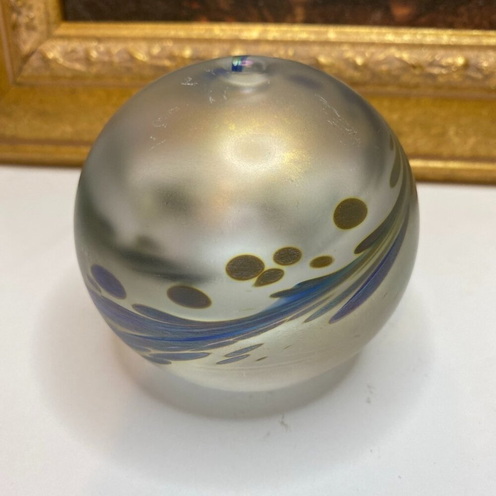 Signed Maytum Studio 90s Iridescent Art Glass Oil Lamp Globe Hand Blown